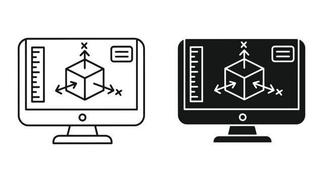 Computer Monitor Displaying 3D Modeling Software Interface with Cube Object in Minimalist Vector Style