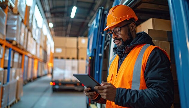Courier checking digital delivery orders on tablet inside cargo vehicle, ecommerce logistics, organized shipping workflow