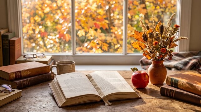Open book on a wooden table. Cozy autumn reading nook with books and fall foliage.