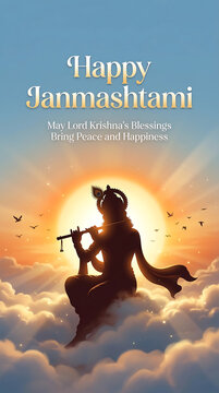 Divine silhouette playing flute amidst clouds with depicts spiritual silhouette clouds against glowing glowing sunset upon clouds illumination
