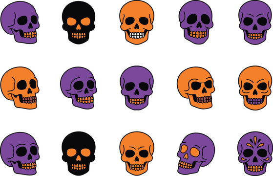 Halloween colorful skulls and skeletons vector illustration