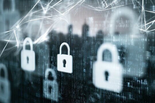 Digital locks against abstract network overlaying cityscape