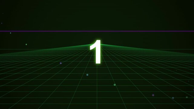 Retro neon countdown from four to one over synthwave grid background