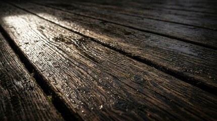 Obraz premium Dramatic side light on rain-soaked wooden planks with moss