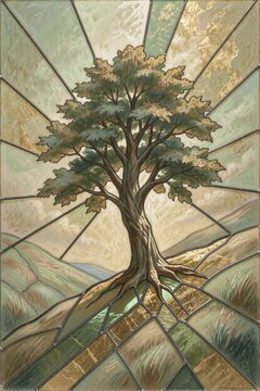 Lone Tree On A Hill Wall Art, Soft Pastel Style - Printable Landscape Print for Modern Home Decor