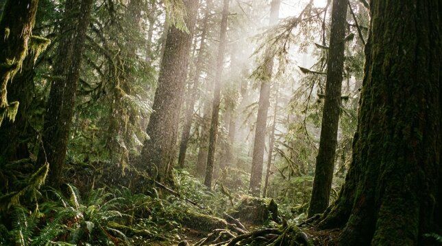 Golden god rays in rainy temperate rainforest with ferns