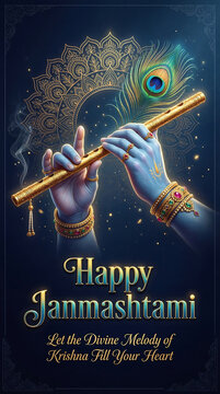 Hands playing sacred flute with peacock feather under celestial mandala design for spiritual celebration with evoking divine celebratory mood religious festival