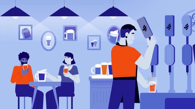 Bartender Serving Drinks to Customers inside Pub Brewery Interior 2D Vector Animation
