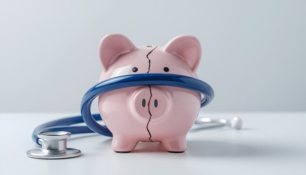 A blue medical stethoscope tightly wrapping and cracking a pink piggy bank, concept of expensive healthcare and medical debt.