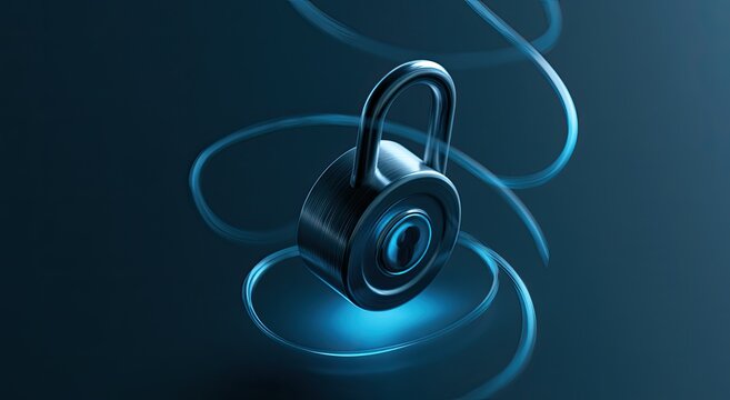 Gleaming metallic padlock with glowing blue energy trails on dark background