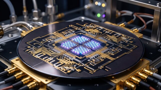 Futuristic quantum computer processor wafer with glowing blue core, advanced microchip technology and golden circuitry on black silicon disc, high tech innovation concept for AI...