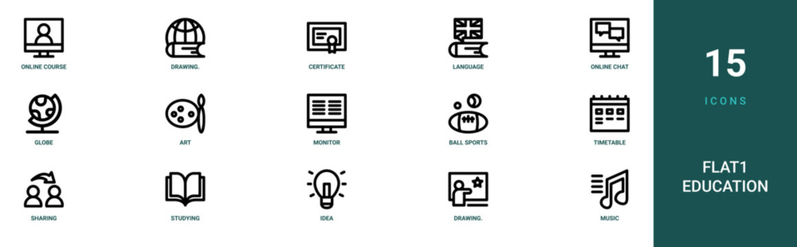 Set of 15 outline web Flat1 Education icons such as music, drawing. Illustration from flat education and knowledge collection.., idea, studying, sharing, timetable, ball sports vector icons for
