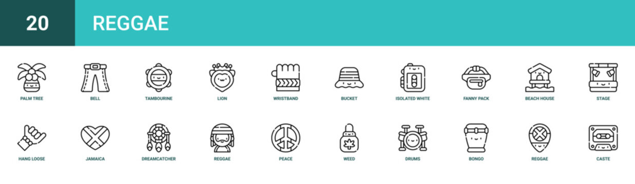 Set of 20 outline web Reggae icons such as caste, reggae, bongo, drums, Weed, peace, reggae vector icons for report, presentation, diagram, web design, mobile app