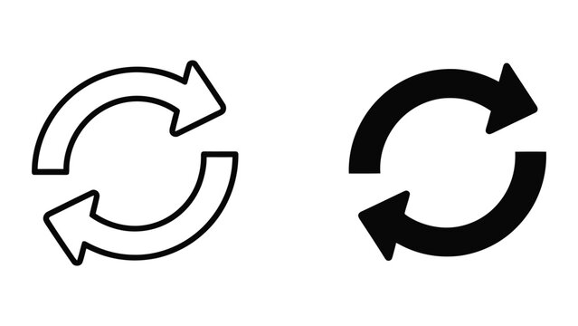 Circular Refresh Arrows Icon Set Featuring Solid and Outline Vector Graphic Design Styles