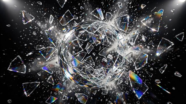 Explosion of Shattered Glass Sphere with Rainbow Refractions.