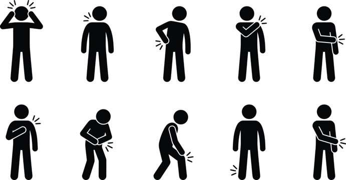 Set of black stick figure icons showing various human body pain points and common health symptoms
