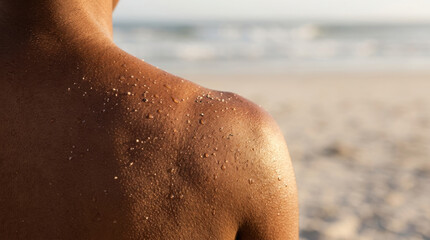 Fototapeta premium Close up of a person's sun-tanned shoulder with sand and water droplets on a generated using ai