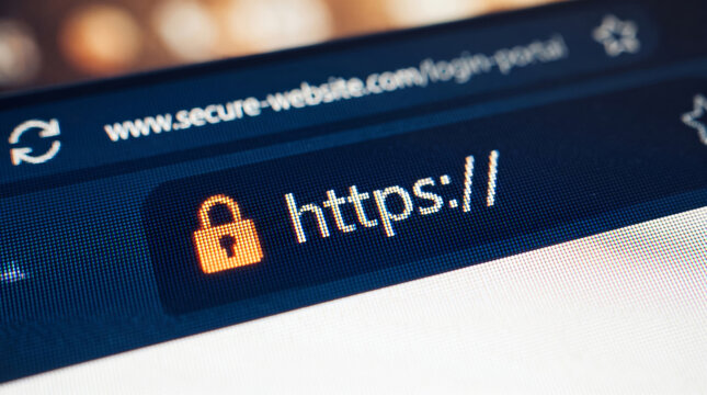 Angled close up of web browser showing secure website login portal URL with orange padlock and HTTPS