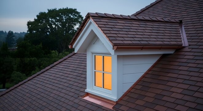 A close up view of a cozy dormer window on a tiled roof during twilight.