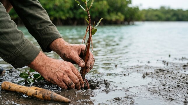 Hands plant a young mangrove in tidal wetland soil