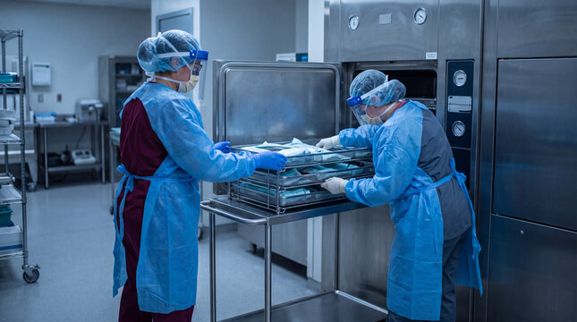 Hospital Staff Load Surgical Trays Into Steam Sterilization Chamber