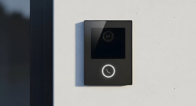Modern black video doorbell mounted on a white exterior wall.