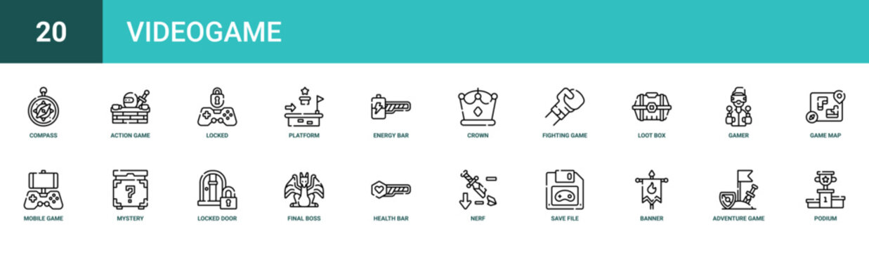 Set of 20 outline web Videogame icons such as podium, adventure game, banner, save file, nerf, health bar, final boss vector icons for report, presentation, diagram, web design, mobile app