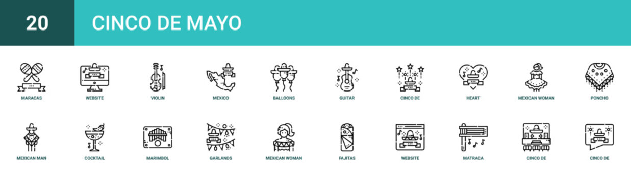 Set of 20 outline web Cinco De Mayo icons such as cinco de mayo, cinco de mayo, matraca, website, fajitas, mexican woman, garlands vector icons for report, presentation, diagram, web design, mobile
