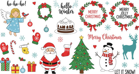 Fototapeta premium Christmas Holiday Vector Illustration Featuring Santa Claus, Angel, Snowman, Reindeer, Christmas Tree, Wreaths, Candy Canes, Mittens, Presents, Ornaments, and Winter Celebration Elements