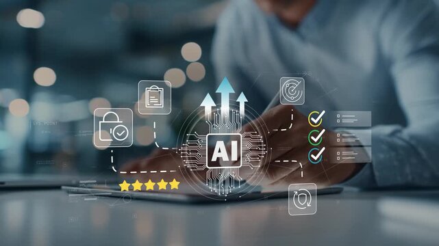 Artificial intelligence platform with animated AI icon, intelligent process optimization, business workflow management, digital automation, operational efficiency and enterprise software solutions