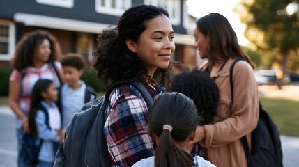 Fototapeta premium A young girl with curly hair smiles while standing outdoors among other children and adults near a house