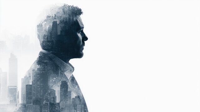 Thoughtful Man Profile Overlaid with Cityscape in Double Exposure Style