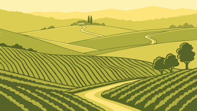 Panoramic Rolling Vineyard Hills Gradient Travel Vector Poster