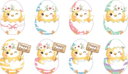 Obraz premium Cute Easter Chick in Egg Shell Vector Icon Set with Happy Easter Signboards Floral Headbands and Colorful Pastel Striped Patterns
