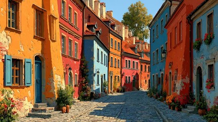 Fototapeta premium Colorful European street with vibrant buildings, cobblestone path and lush greenery