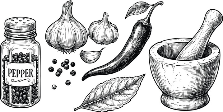 Vintage Spices and Kitchen Utensils Vector Set with Mortar and Pestle Pepper Shaker Chilli Garlic Bulbs and Bay Leaf Sketch Elements