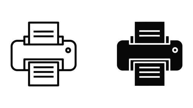 Printing documents with office printer icons in flat black outline and solid silhouette style