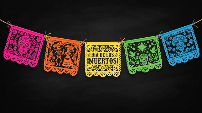 Colorful papel picado bunting with Dia de los Muertos skeleton couple and skull
