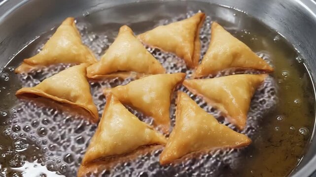 Golden samosas sizzle and bubble in hot oil, mouthwatering captured in motion 4k video