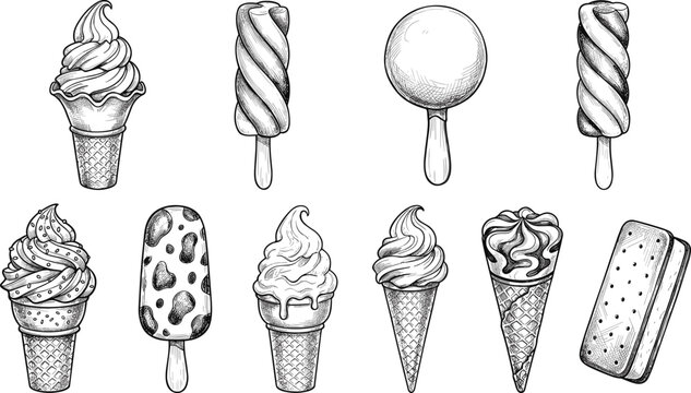 Vintage Hand Drawn Ice Cream and Popsicle Collection Featuring Waffle Cones Sundaes Swirl Bars and Sandwiches for Summer Dessert Designs Vector Graphic