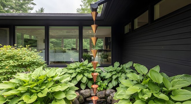 A decorative copper rain chain hanging from the roof of a modern black house exterior.