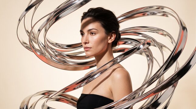 Mirror Chrome Ribbon Portrait With Coral Editorial Touch
