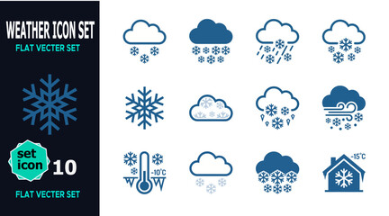 Fototapeta premium Weather icon set with 10 flat vector elements, winter snowflake and cloud symbols for forecast apps, blue meteorology signs for cold climate