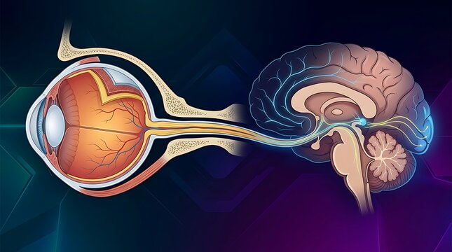 Cross section of human eye and brain showing visual nervous system