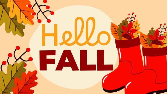 Charming autumn scene featuring red rain boots filled with colorful fall leaves, berries, and acorns with a Hello Fall message