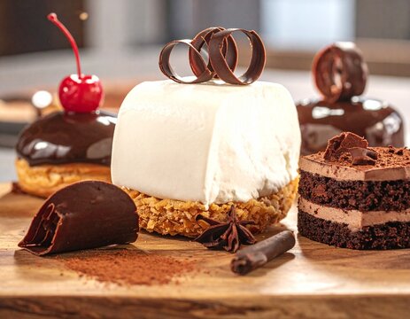 Luxury Gourmet Chocolate Dessert Board with Premium Eclairs, Mousse Cakes and French Pastries on Rustic Wooden Table