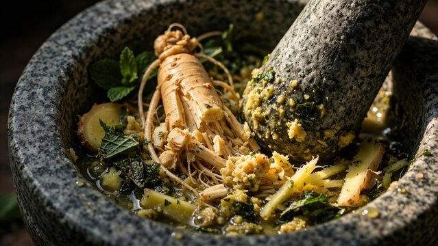 Ginseng Root Being Ground in a Stone Mortar with Herbs for Traditional Medicine.