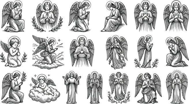 Guardian Angel Collection with Praying Angels, Cherubs and Heavenly Christian Line Art Vintage Vector SetGuardian Angel Collectiont