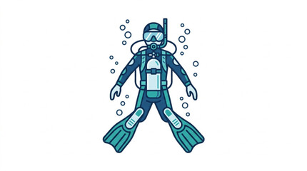 Illustrated scuba diver with flippers and air bubbles. © Wazakunf