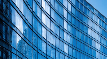 Obraz premium Modern Blue Glass Building with Reflective Curved Architecture and Windows